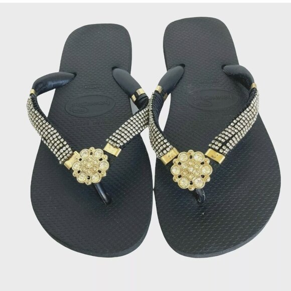 Havaianas Crystal Floral Bling Black Flip Flops Genuine Women's US Size 7/8 Gold - Picture 1 of 9